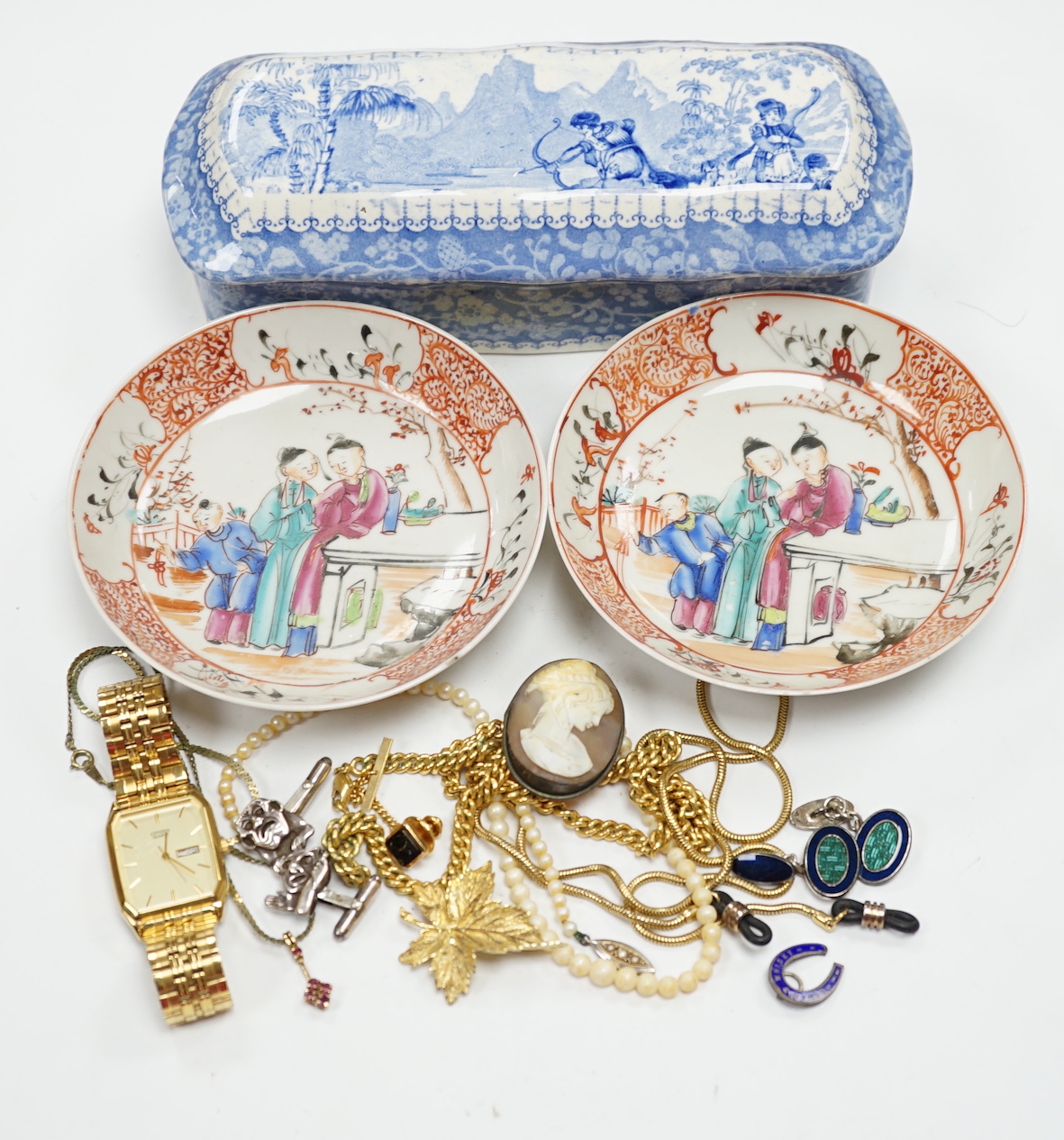 A small 9ct gold and gem set pendant, 22mm, three gilt metal chains, two white metal cufflinks, a Citizen watch, other costume jewellery and three ceramic items.